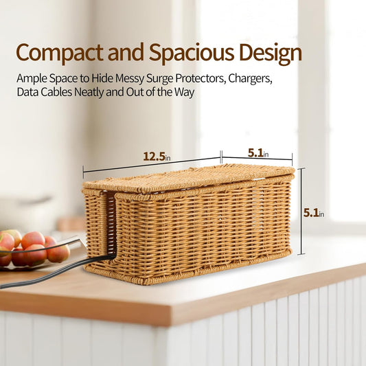 Delamu Handmade Rattan Cable Management Box, Cord Organizer with 2 Open Slots, Desk Cord Box Hider for Computer Router USB Hub Power Strip, 12.5" Lx 5.1" Wx 5.1" H, Natural