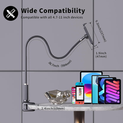 K-MT 【38.7inch/98cm】 Tablet Phone Holder Bed Gooseneck Mount, Mount Holder Clip with Grip Flexible Long Arm Compatible for ipad iPhone/Switch/Samsung Tabs/Kindle Fire HD K-MT(Black)