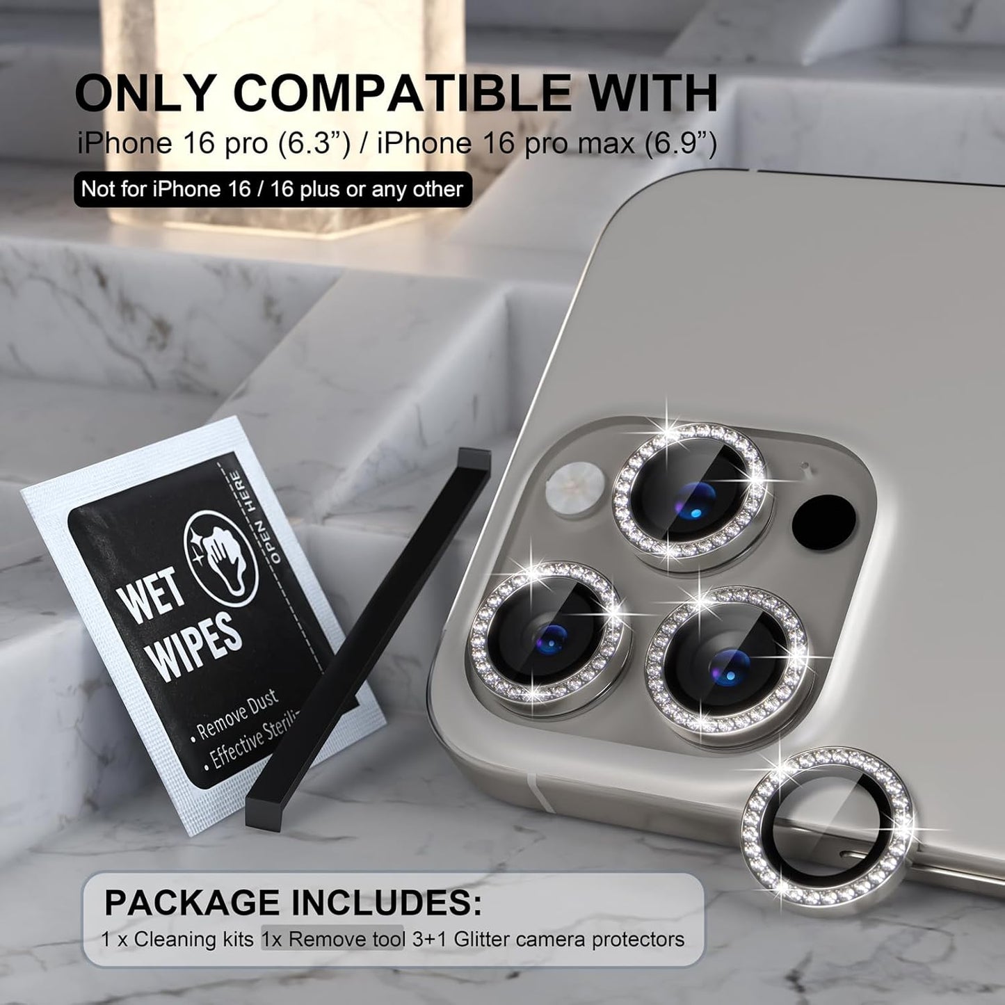 Choiche Compatible for iPhone 16 Pro/iPhone 16 Pro Max Camera Lens Protector Bling, 9H Tempered Glass Camera Cover Screen Protector Metal Ring Decoration Accessories (Diamond-Titanium Natural)