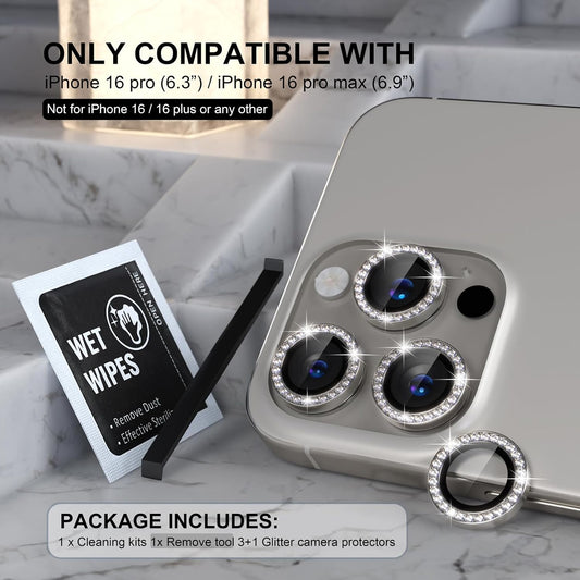 Choiche Compatible for iPhone 16 Pro/iPhone 16 Pro Max Camera Lens Protector Bling, 9H Tempered Glass Camera Cover Screen Protector Metal Ring Decoration Accessories (Diamond-Titanium Natural)