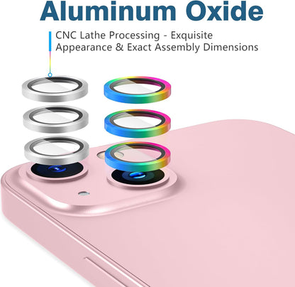AGVEE 3+3 6 Pack for iPhone 15 6.1" / 15 Plus 6.7" Camera Lens Cover Protector, Metal Ring 9H Tempered HD Glass Camera Cover Protector Film, Silver