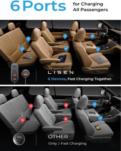 AINOPE 108W USB C Car Charger with 6 Fast Charging Ports, Road Trip Essentials Cigarette Lighter Car Travel Essentials for Long Trips Kids for iPhone 16 15 Pro Max 14 iPad S24 S25 Hire Tablet