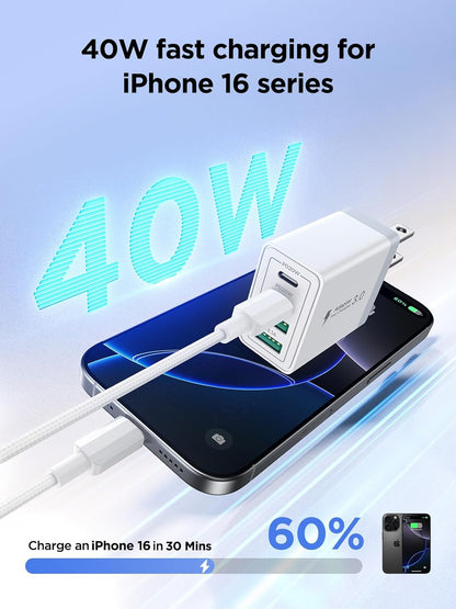 40W USB C Charger Block, 2Pack 4-Ports Type C Fast Phone Charging Cube with 6FT USBC to USBC Cord, Multiport Wall Plug Power Brick Box Compatible with iPhone, Samsung, iPad Pro, Cellphones Charger