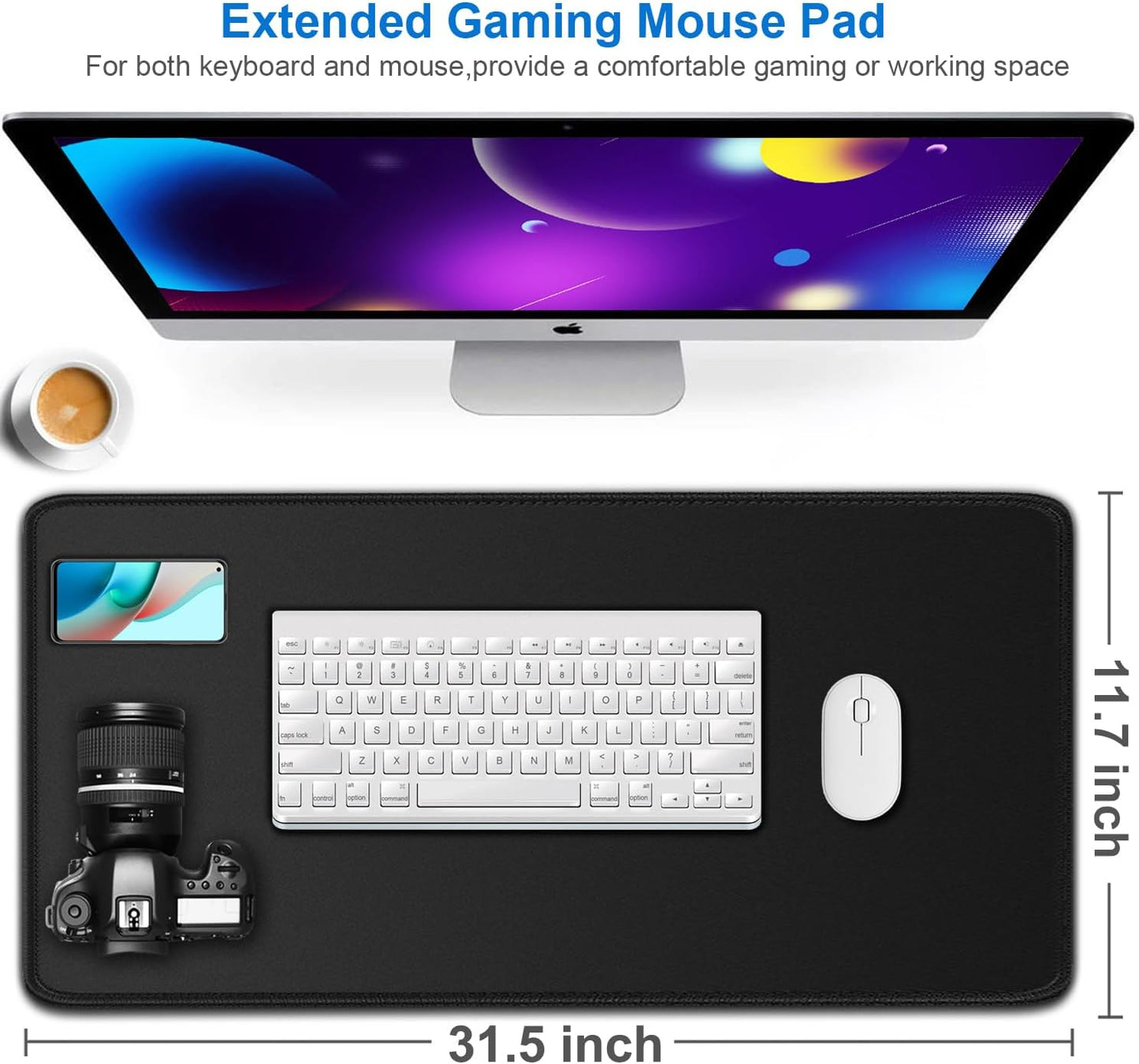 Large Extended Gaming Mouse Pad, Water Resist Non-Slip Mousepad Rubber Base Long Desk Mouse Pad with Stitched Edges, Computer Keyboard Mouse Mat for Gaming, Office & Home, 31.5 x 11.7 in, Black