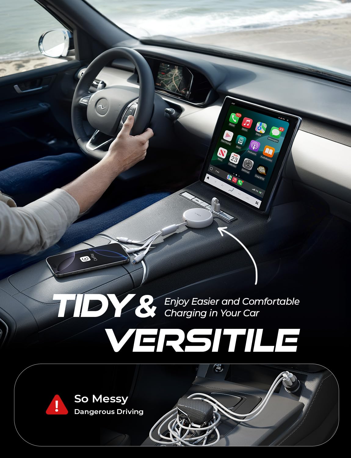 LISEN Multi Charging Cable, 3 in 1 Charging Cable, Retractable Car Charger with Type C/L/Micro USB Ports for iPhone 16 15 14 Pro Max/Samsung Galaxy S25/PS/Kindle, Multi Chargers for All Devices, White