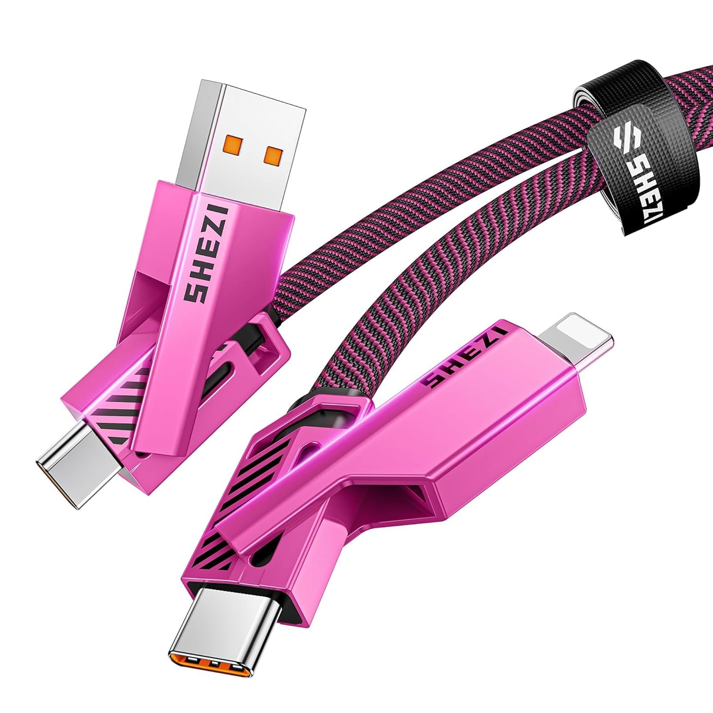 SHEZI [Upgraded 2.0] 4-in-1 USB C Cable 60W 5FT Fast Charging [480Mbps Data Transfer] Flat Nylon Braided Charger Cord Combo, USB A/C to C/L Multi Charge Cable for iPhone/iPad & Most Devices, Pink