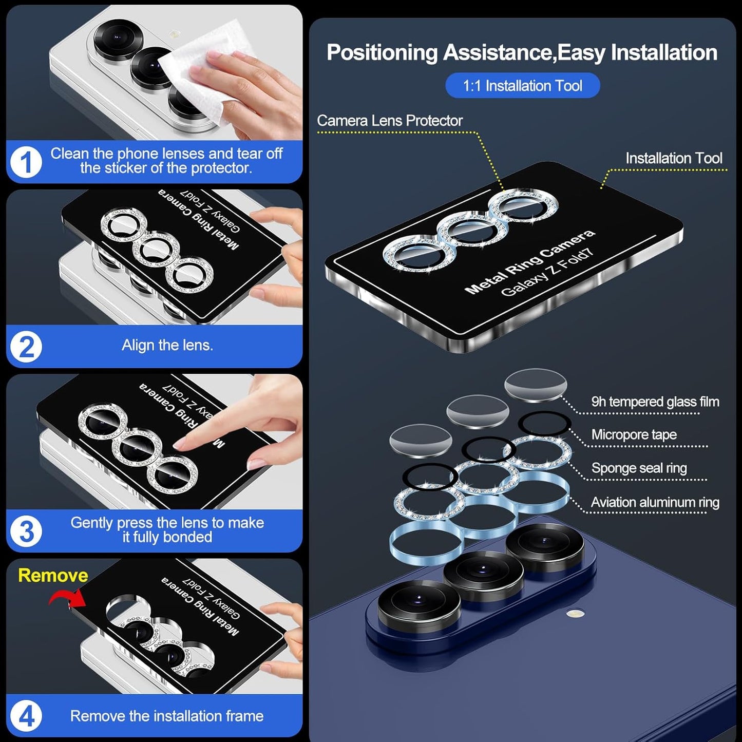 for Samsung Galaxy Z Fold 7 Camera Lens Protector, Individual Metal Ring Tempered Glass Lens Cover, [Strong Adsorption] Scratch Resistant Ultra-Thin HD Clear Lens Cover, 1 Set-Blue Diamond