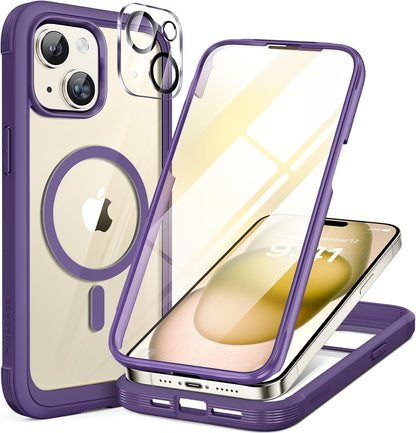 Miracase Glass Series for iPhone 15 Case [Compatible with MagSafe] Full-Body Magnetic Case with Built-in 9H Tempered Glass Anti-Fingerprint Screen Protector + Camera Lens Protector, Purple