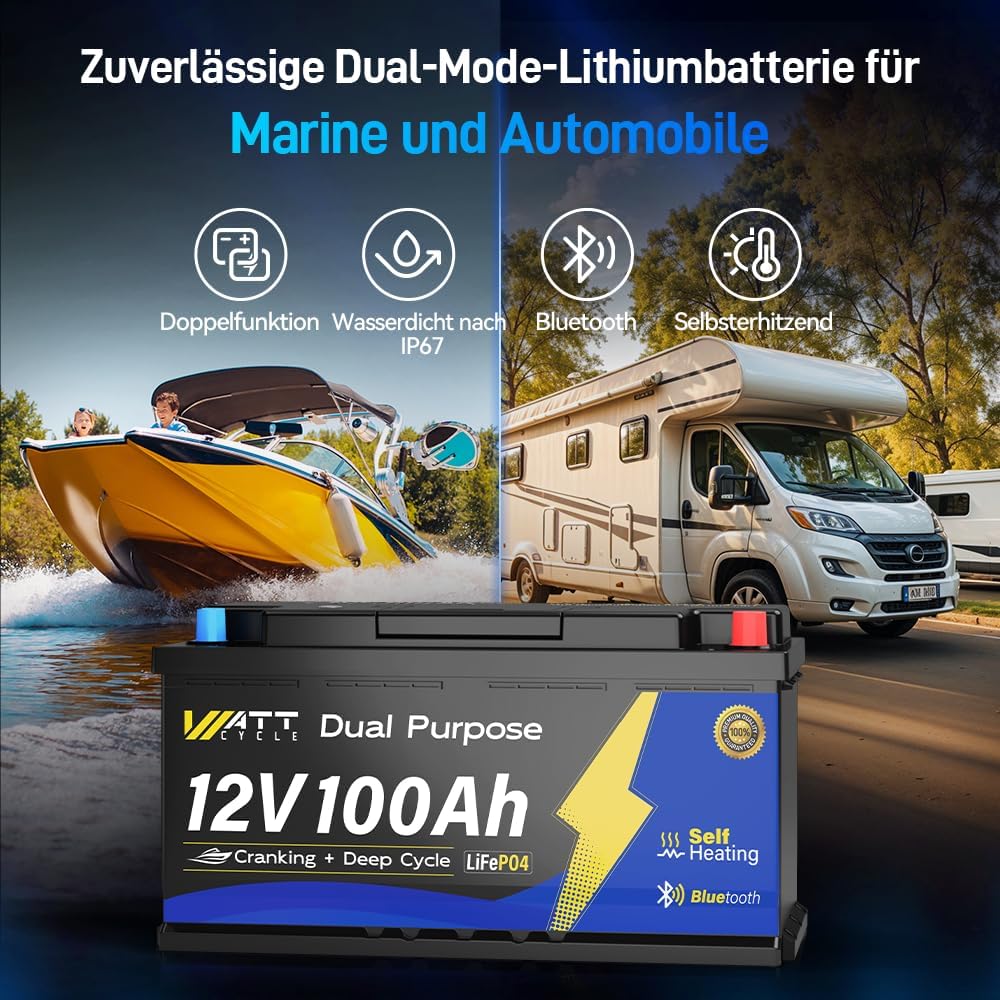 12V 100Ah Dual Purpose Marine Cranking LiFePO4 Lithium Battery Bluetooth 1200CCA / 1500MCA, Starting Lithium Batterys with Self-Heating, Built-in 200A BMS, Perfect for Trolling Motor, Boat