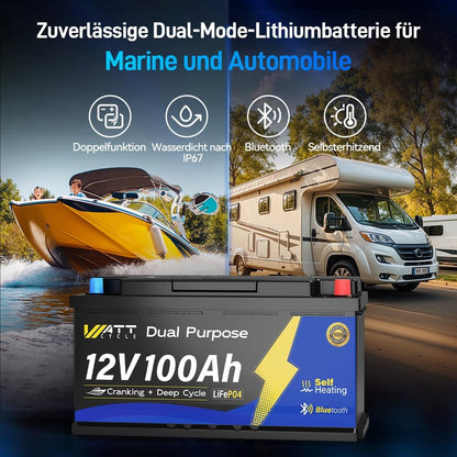 12V 100Ah Dual Purpose Marine Cranking LiFePO4 Lithium Battery Bluetooth 1200CCA / 1500MCA, Starting Lithium Batterys with Self-Heating, Built-in 200A BMS, Perfect for Trolling Motor, Boat
