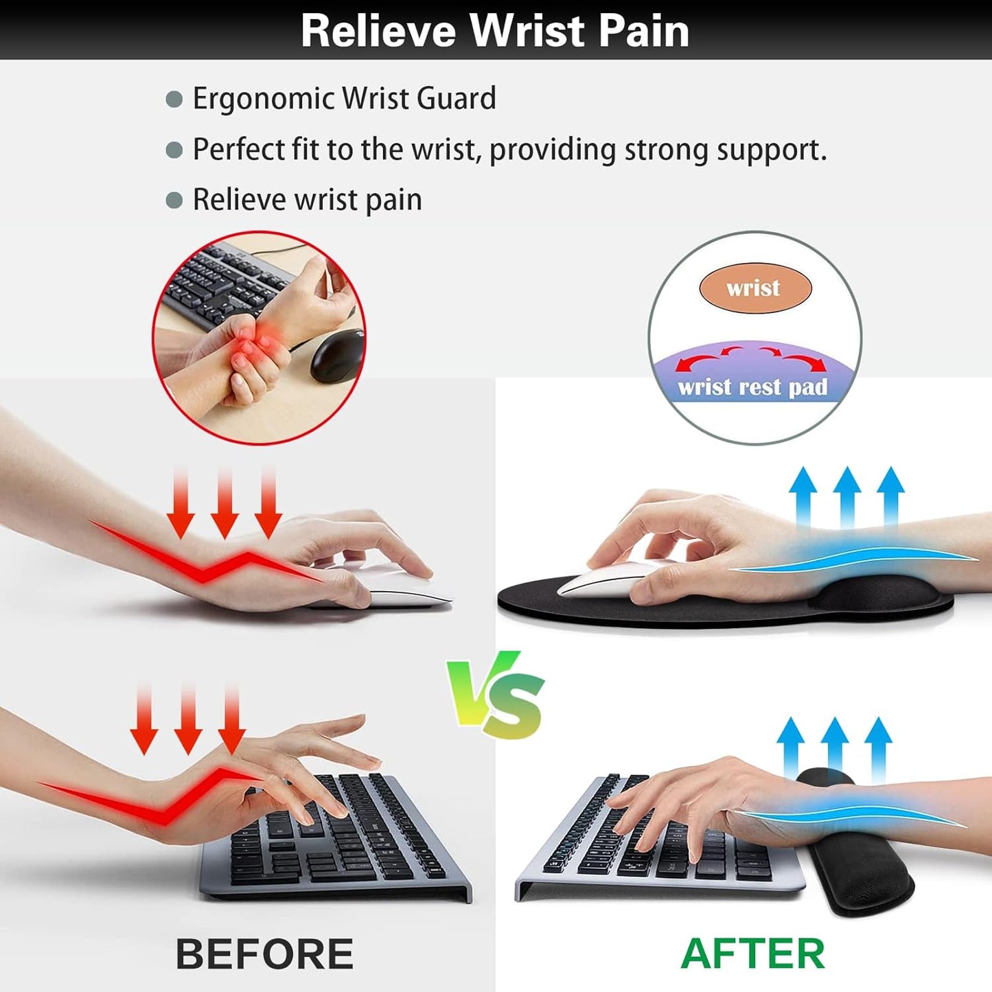 Ergonomic Keyboard Wrist Rest, Mouse Pad with Wrist Rest Black, Funny Gaming Mousepad with Wrist Support, Memory Foam Wrist Rest Set for Computer Keyboard, Office Desk Accessories