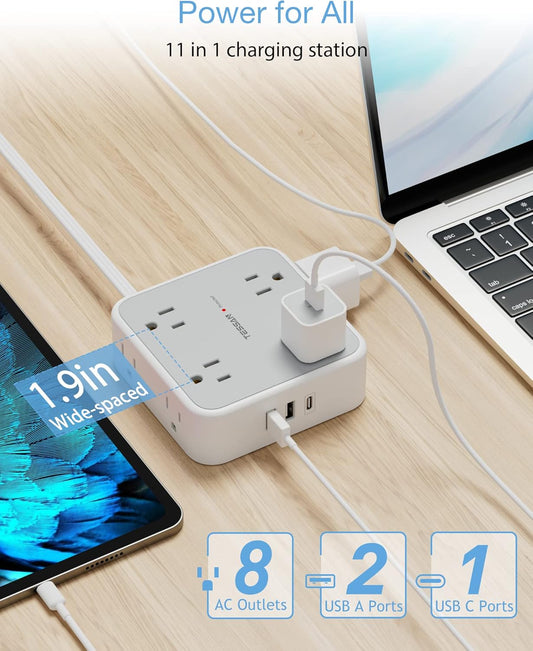 TESSAN Power Strip Surge Protector 10 Ft Cord, 8 AC Outlets, 3 USB Charger(1 USB C Port), Ultra Thin Extension Cord, Flat Plug, 900 Joules Protection, Desk Charging Station for Home, Office