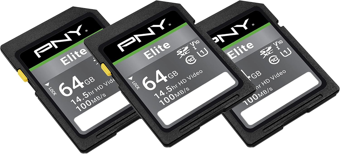 PNY 64GB Elite Class 10 U1 V10 SDXC Flash Memory Card - 100MB/s Read, Class 10, U1, V10, Full HD, UHS-I, Full Size SD (P-SD64GX3U1100EL-MP) (Pack of 3)
