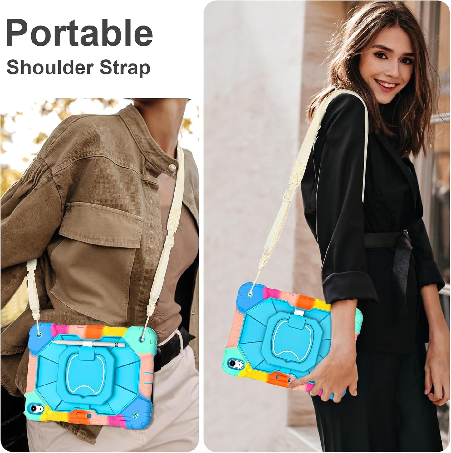 Case for iPad (A16) 11th Generation 11 Inch (2025), iPad 10th Generation Case 10.9 Inch (2022), Shockproof Cover with 360° Rotating Stand Screen Protector Pen Holder Shoulder Strap,RainbowBlue