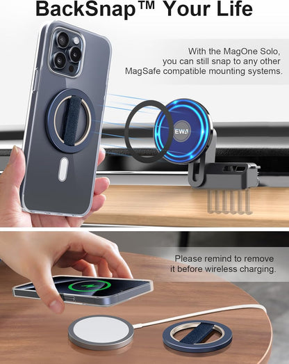 EWA MagOne Solo Phone Grip with Replaceable Elastic Finger Loop, Removable Magnetic Ring Holder Loop, Accessories for iPhone 16,15, 14, 13 Pro/Max/Plus, No Stand-Blue