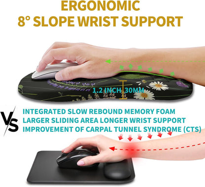 Hokafenle Ergonomic Mouse Pad Wrist Support, Wrist Rest Mousepad for Carpal Tunnel Pain Relief with Integrated Memory Foam Slope Massage Bulge (11.8x7.9 inch,Flowers