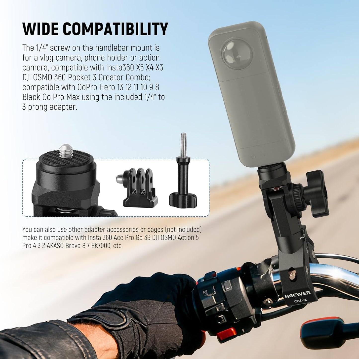 NEEWER Motorcycle Bike Handlebar Clamp Mount, Heavy Duty Clip Holder, 1/4" Screw & 3 Prong Adapter Compatible with Insta360 X5 X4 GoPro Hero 13 12 POV Video Recording, 360° Rotation & 270° Tilt, CA161