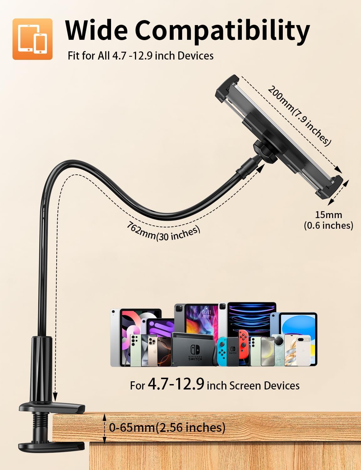 Tablet Stand, Kindle Holder for Reading in Bed, [Flexible Long Arm Gooseneck] [Anti-Slip] [Hands Free]Phone Holder for Bed Desk, i pad Stand for Fire/i pad/iPhone/Switch/Tablet Devices (4.7''-12.9'')