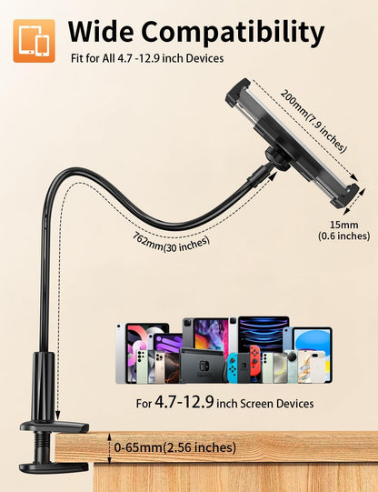 Tablet Stand, Kindle Holder for Reading in Bed, [Flexible Long Arm Gooseneck] [Anti-Slip] [Hands Free]Phone Holder for Bed Desk, i pad Stand for Fire/i pad/iPhone/Switch/Tablet Devices (4.7''-12.9'')