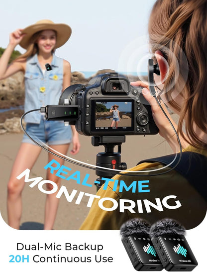 3-in-1 Microphone for iPhone: Wireless Lavalier Microphone for Camera & Android - Mini Mic - 328ft Transmission & 20H Battery Life - Vlogging with AI Noise Reduction