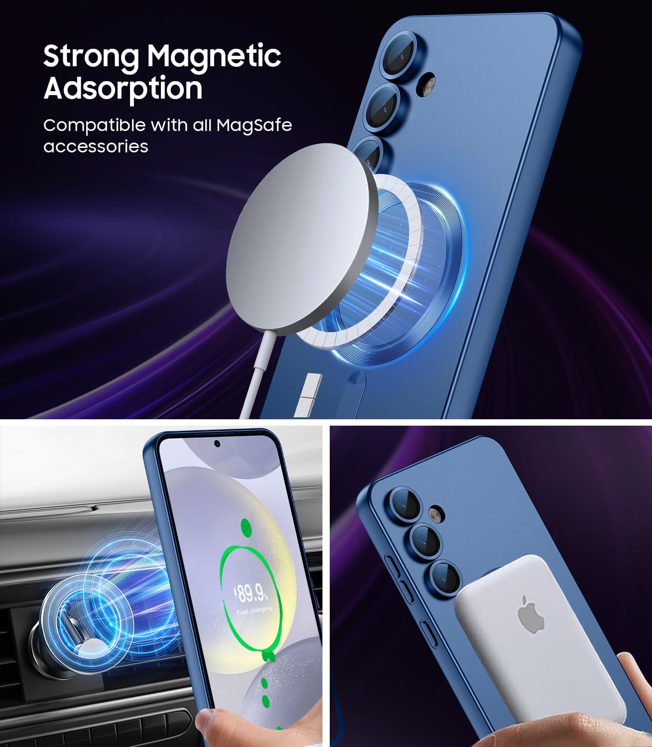 Magnetic for Samsung Galaxy S24 Plus Case [Compatible with MagSafe][Built-in Camera Lens Protector] Slim Soft Silicone Bumper Shockproof Metallic Luster Phone Case (Blue)