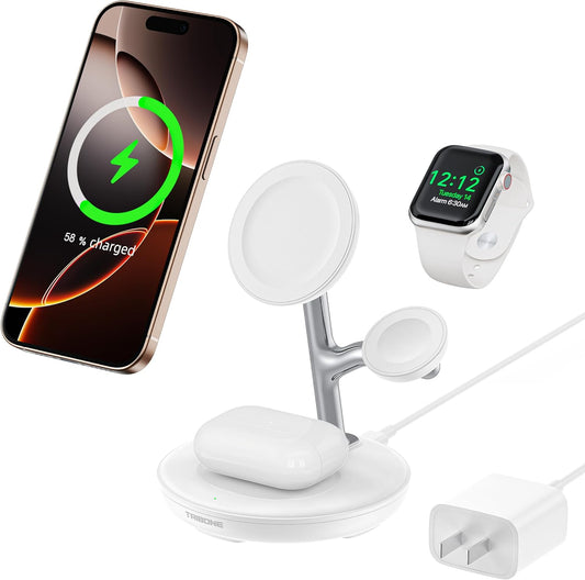 3 in 1 Magnetic Wireless Charger Stand for Apple Devices, TRIBONE Fast Charging Station for iPhone 16/15/14/13/12 Series, Apple Watch, Airpods (White)