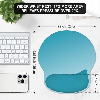 ITNRSIIET Ergonomic Mouse Pad with Wider Memory Foam Wrist Rest +17%, Curved Cushion Reduces Pressure 20%, Pain Relief, Non-Slip, Smooth, Cute Color Desk Accessory, 9.85 x 9 inch, Ombre Blue Gradient