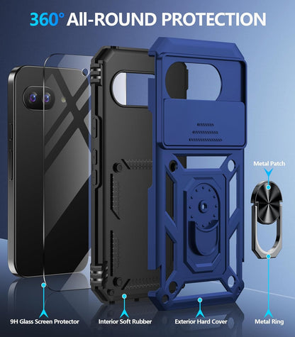 Taisairu for Google Pixel 9A Case with Screen Protector & Slide Camera Lens Cover,Built-in 360°Rotate Magnetic Ring Stand Shockproof Protective Phone Case for Google Pixel 9A Case (Blue)