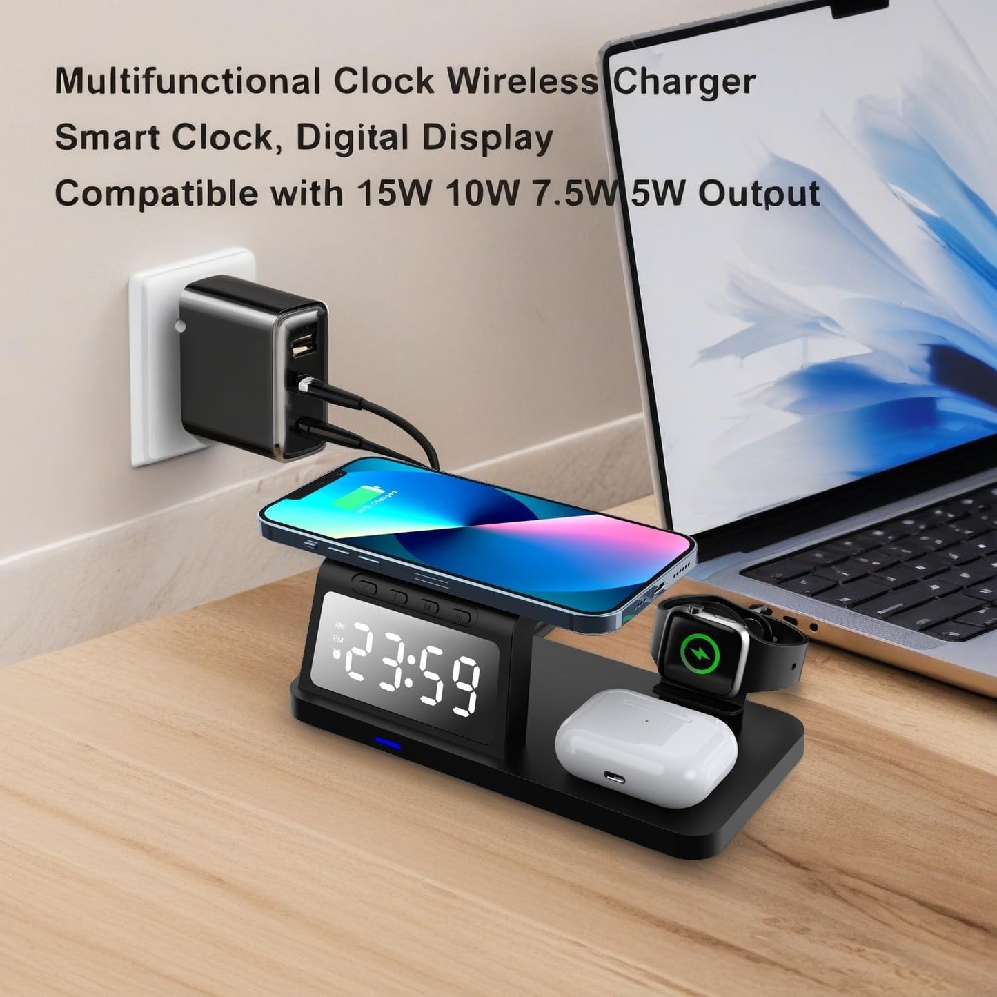 4-in-1 Wireless Charging Station with Clock Display, Compatible with iPhone, Apple Watch, AirPods, Black