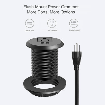 Jgstkcity Desktop Power Grommet, 2 inch, Black, 1 AC Outlet and 2 USB Ports, 6.56ft Cable, Fire Resistant Outer Shell