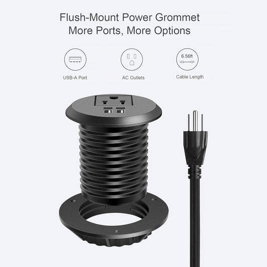 Jgstkcity Desktop Power Grommet, 2 inch, Black, 1 AC Outlet and 2 USB Ports, 6.56ft Cable, Fire Resistant Outer Shell