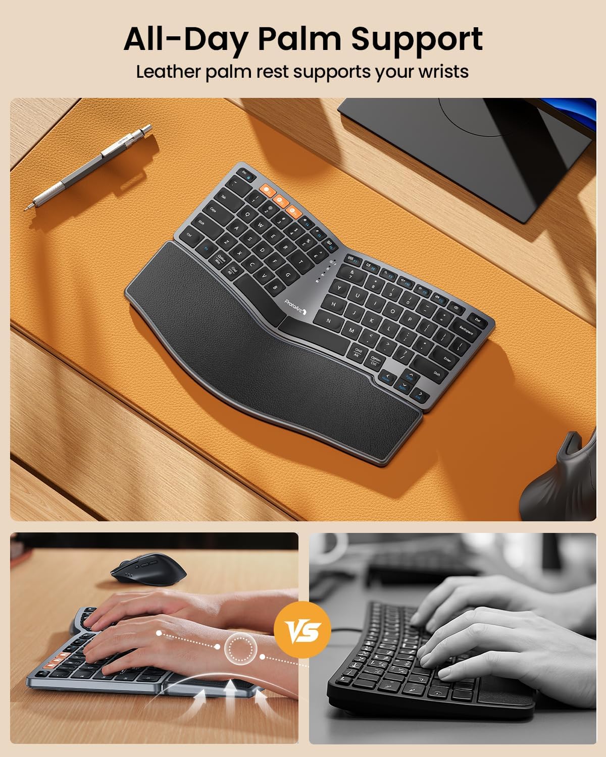 ProtoArc Bluetooth Ergonomic Keyboard, EK04 Mini Compact Wireless Ergo Split Keyboard, 80 Keys, Bluetooth and USB, Palm Rest, Natural Typing, Rechargeable, Compatible with Windows/Mac/Android