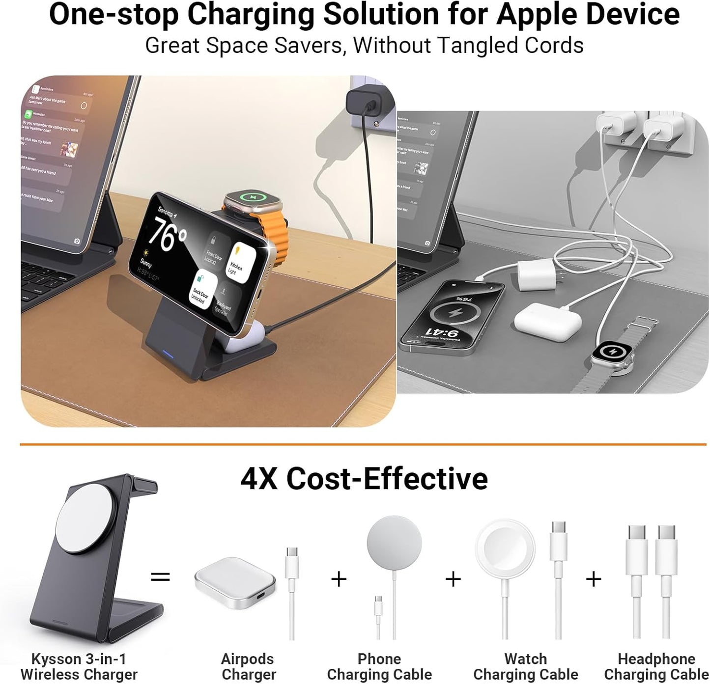 Foldable 3 in 1 Charging Station for Multiple Devices, Travel Wireless Charger for MagSafe Charger Stand, Magnetic Charging Stand for iPhone 16/15/14/13/12 for iWatch AirPods Black