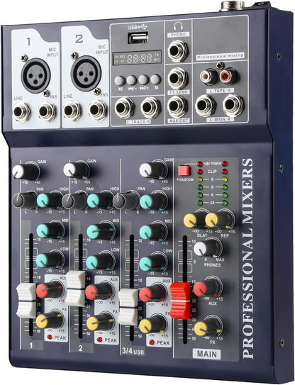 Dj Mixers 4 Channel Audio Mixer Sound Board with Bluetooth, Usb Audio Interface with 48V Phantom Power Sounds Mixer Board with FX Reverb Delay Effect for Streaming