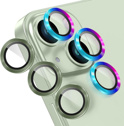 AGVEE 3+3 6 Pack for iPhone 15 6.1" / 15 Plus 6.7" Camera Lens Cover Protector, Metal Ring 9H Tempered HD Glass Camera Cover Protector Film, Green
