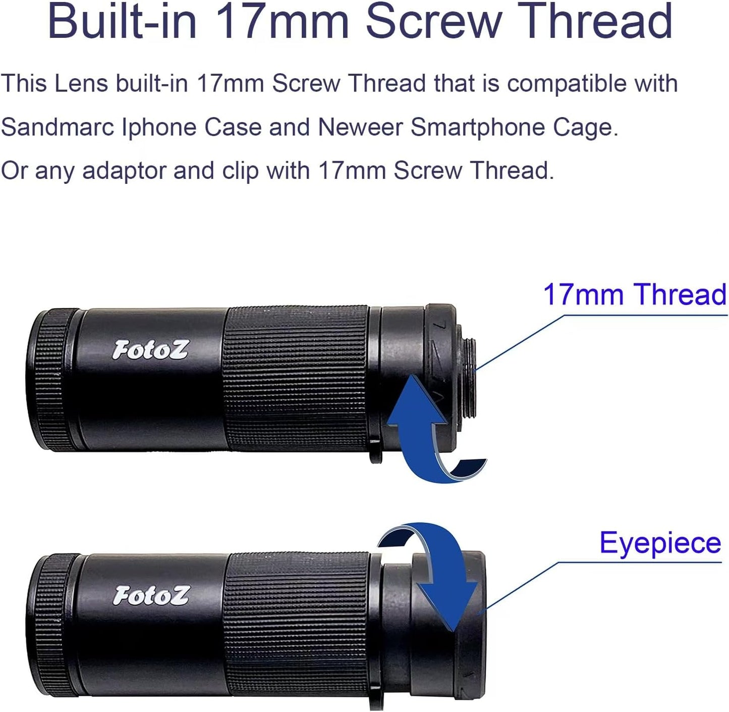 FotoZ 8X Monocular Telescope for iPhone & Android and Most Smartphone, with 8X Optical Zoom Telephoto Lens & 17mm Universal Phone Clip & Storage Bag