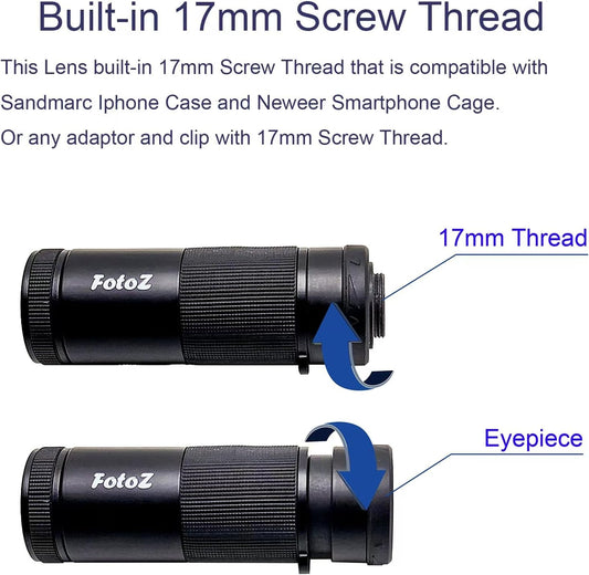 FotoZ 8X Monocular Telescope for iPhone & Android and Most Smartphone, with 8X Optical Zoom Telephoto Lens & 17mm Universal Phone Clip & Storage Bag