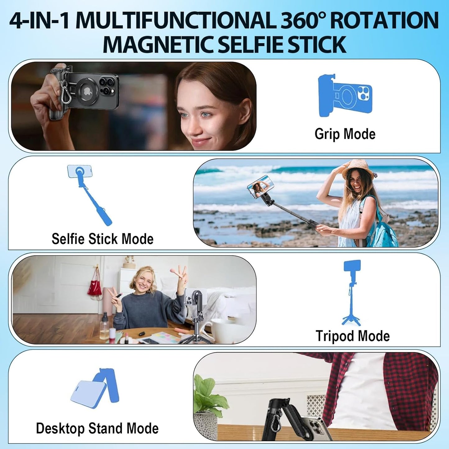 2025 New 4 in 1 Multifunctional Magnetic Selfie Stick, 360° Rotation Phone Tripod with Remote Control, Portable Extendable Mag Tripod, Universal Mobile Phone Holder for Travel Vlog(Black)