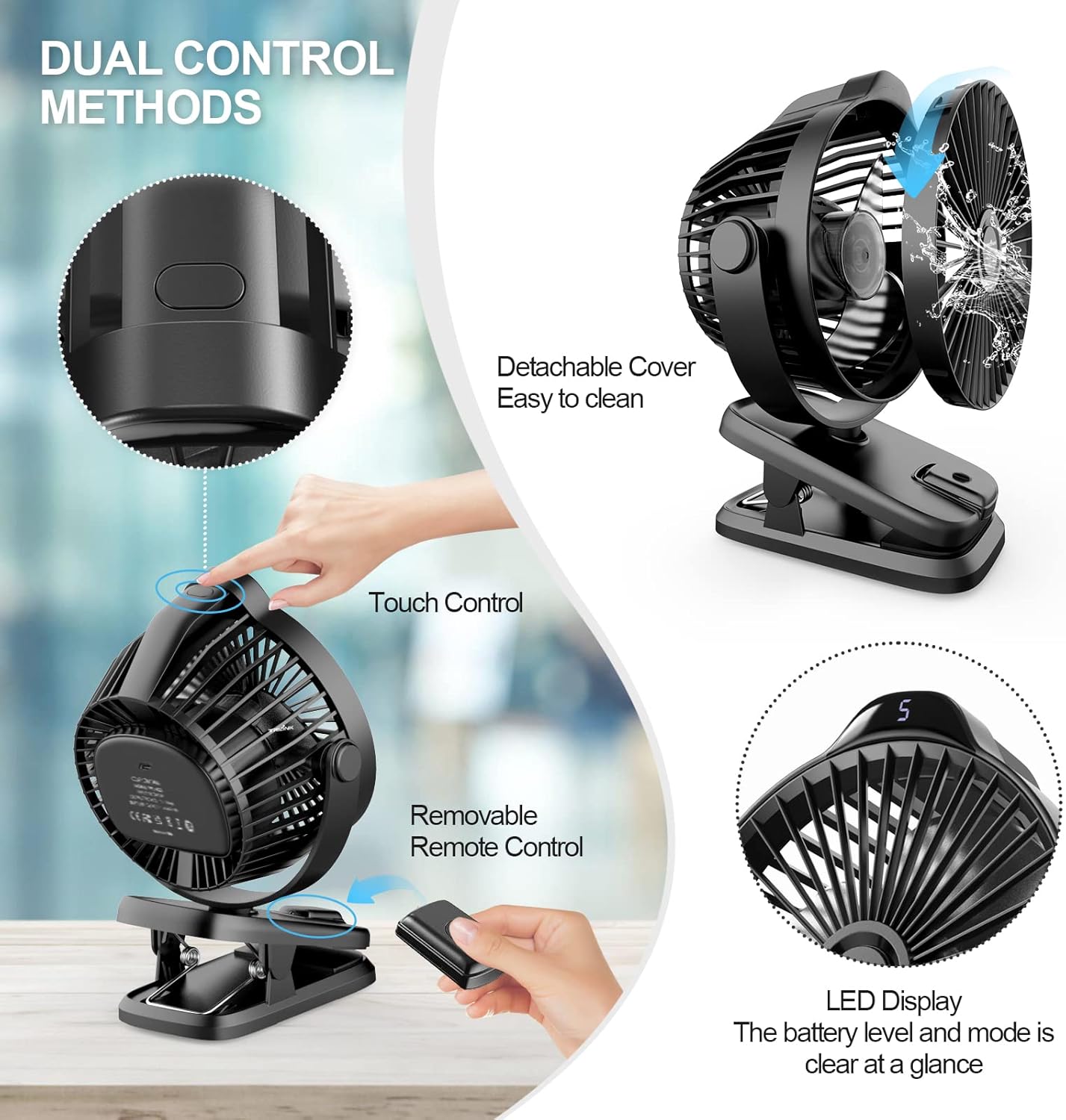 Small Clip on Fan with Remote Control | 8000mAh Battery | 5 Speeds | 5" Portable Rechargeable Mini Desk/Table Fan for Baby Stroller, Outdoor Camping, Tent, Desktop, Bedroom, Living Room, Office, Dorm