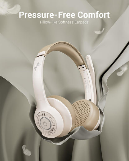 Wireless Headset with AI Noise Cancelling Microphone Bluetooth Headset - Bluetooth V5.2 Headphones with USB Dongle, Charging Base & Mic Mute for Computer/Laptop/PC/iPhone/Android/Cell Phones-White