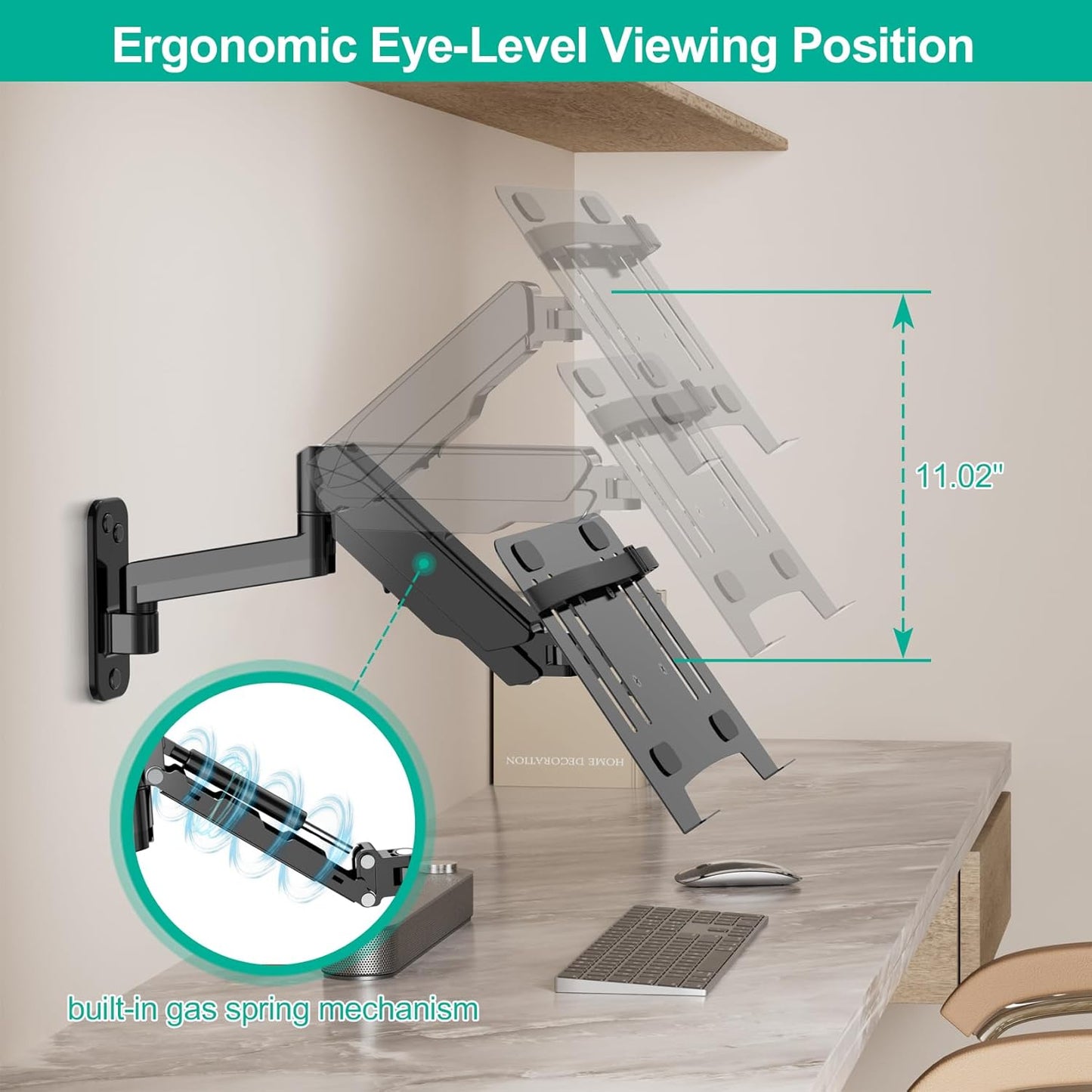 Laptop Wall Mount, 2-in-1 Gas Spring Wall Holder with Vented Tray for 12"-17" Notebook/13-32 Computer Screen, Full Motion Adjustable Wall Mount Laptop Stand Holds 3.3-17.6lbs