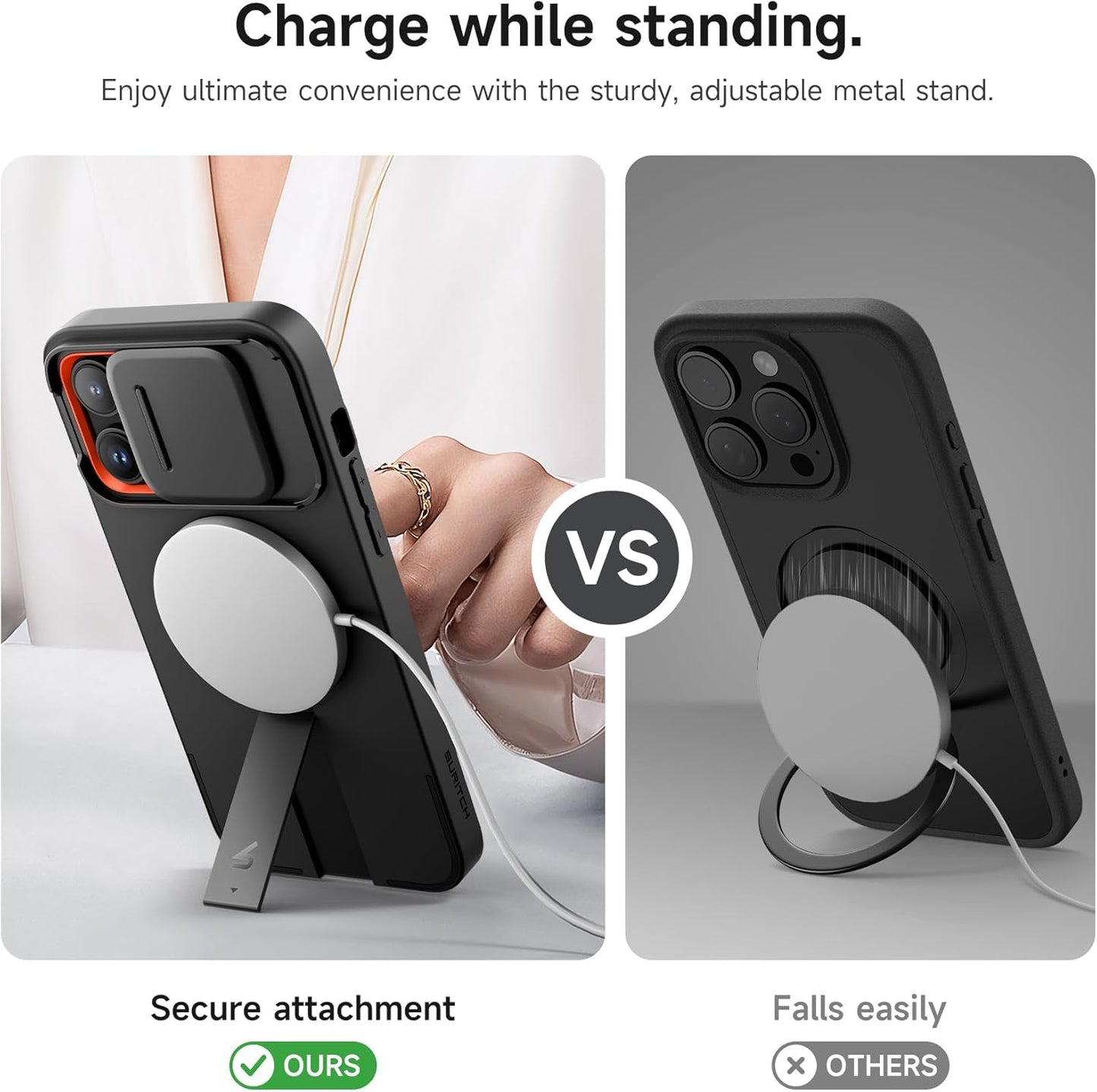 SURITCH for iPhone 14 Pro Max Case with Magnetic Camera Slide Cover and Adjustable Kickstand, Compatible with MagSafe, Shockproof Bumper Case Slim Protective Cover 6.7 Inch, Black