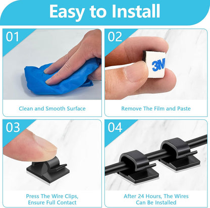 100PCS Adhesive Cable Clips, Wire Holder Organizer Cord Management, Cable Staples Outdoor Strong Cord Clips for Wall, Desk, Christmas Lights, String Lights, TV PC Ethernet Cable, Black Small