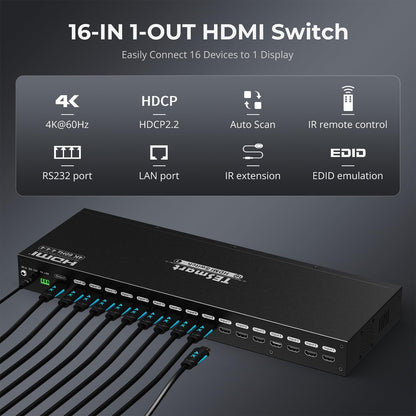 TESmart 16×1 HDMI Switch 16 in 1 Out 4K HDMI Switcher with IR Remote 4K@60hz 16 Port HDMI Switch Box HDCP 2.2,Auto Switch,19-inch Rack-Ears Mount,LAN Port Control,Auto Scan Switch