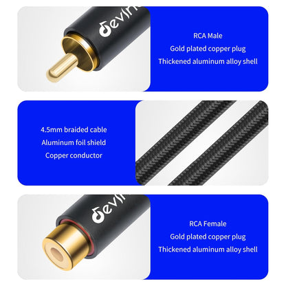 Devinal RCA Female to Male Extension Cable - Premium Audio Extender Cord for High Sound Quality & Durability, Compatible with Home Theater, TV, Soundbar - 10ft/3m