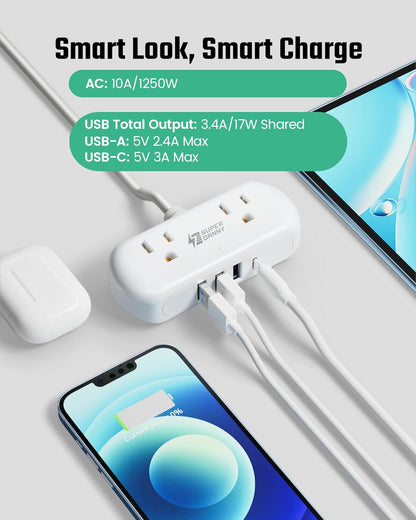 SUPERDANNY Power Strip with USB, Mini Desktop Charging Station with 2 Wide-Spaced Outlets & 4 USB Ports, 2ft Portable Flat Plug Extension Cord for Travel, Dorm, Room, Home Office Essentials, White