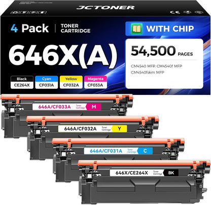 646X 646A Toner Cartridge Set 4-Pack High Yield Replacement for 646X 646A CE264X CF031A CF032A CF033A Compatible with HP Color Laserjet Enterprise CM4540 MFP CM4540f MFP CM4540fskm Printer Ink Copier