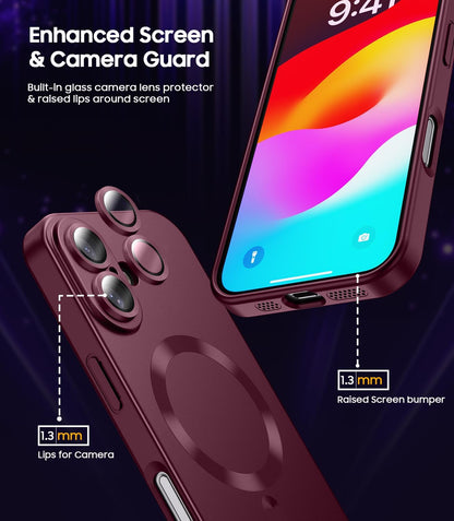 Magnetic for iPhone 16 Case [Compatible with MagSafe][Built-in Camera Lens Protector] Slim Soft Silicone Bumper Shockproof Metallic Luster Phone Case (Burgundy)