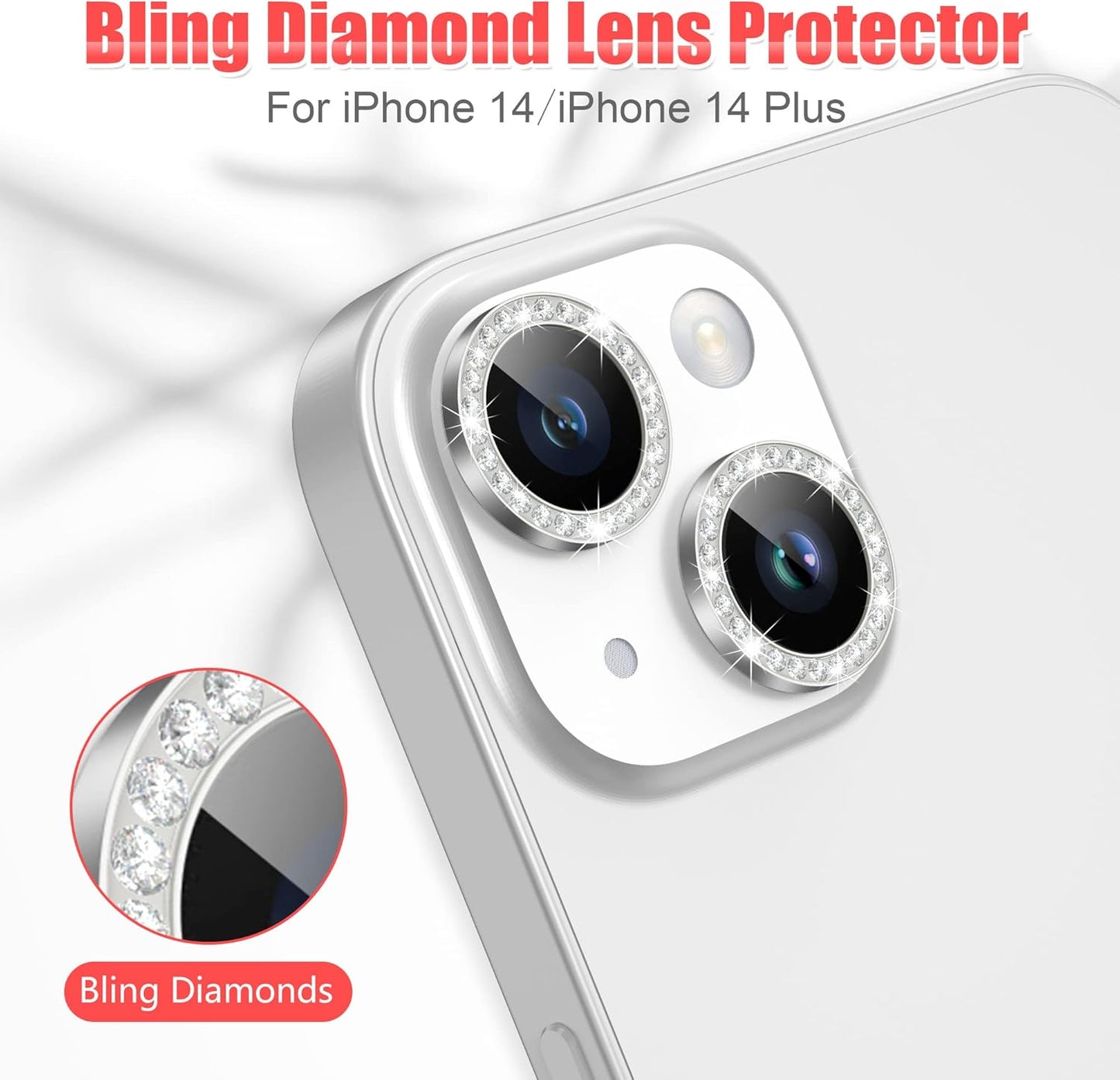 AGVEE 3+3 for iPhone 14 6.1" / 14 Plus 6.7" Camera Lens Protector, Bling Diamond & Bling Glitter Metal Ring 9H Tempered HD Glass Camera Protector Cover Film, Bling-Silver