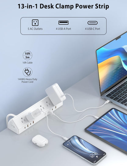 Desk Clamp Power Strip 65W Fast Charging Station,4 PD USB-C,5 Outlets,Nightstand Desk Edge Mount Tower Surge Protector,15 Amp Heavy Duty Power Strip,Fits 1.96" Tabletop Edge (White, 10 FT Cable)
